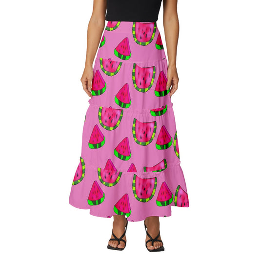 Watermelon Pattern Tiered Ruffle Maxi Skirt