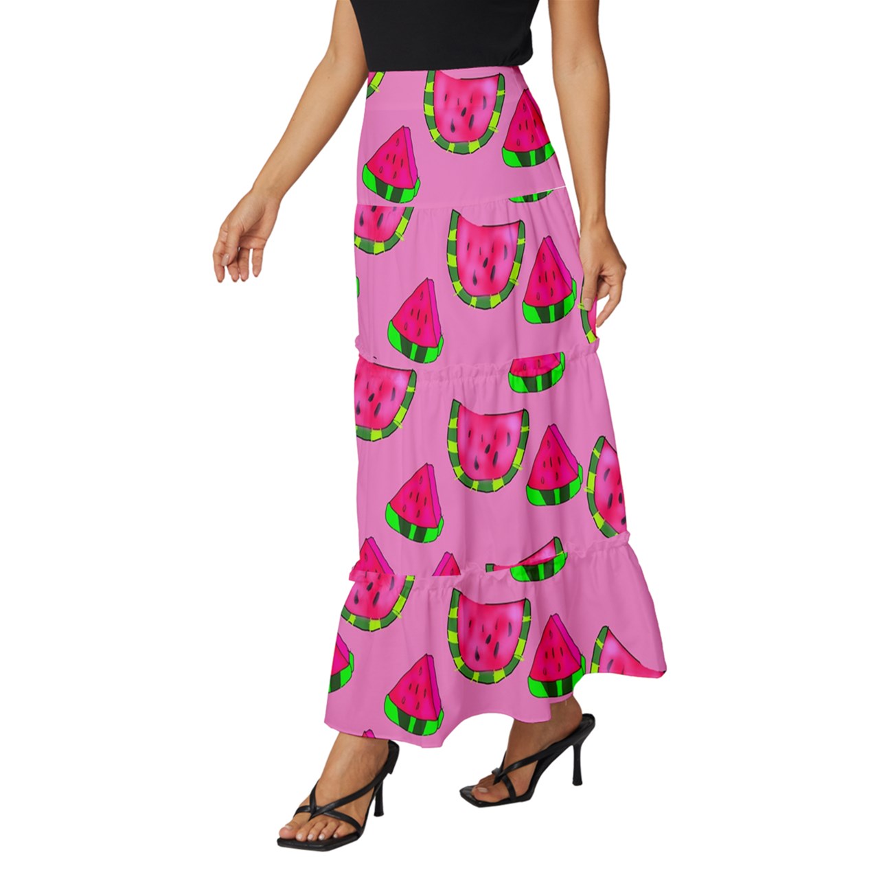 Watermelon Pattern Tiered Ruffle Maxi Skirt