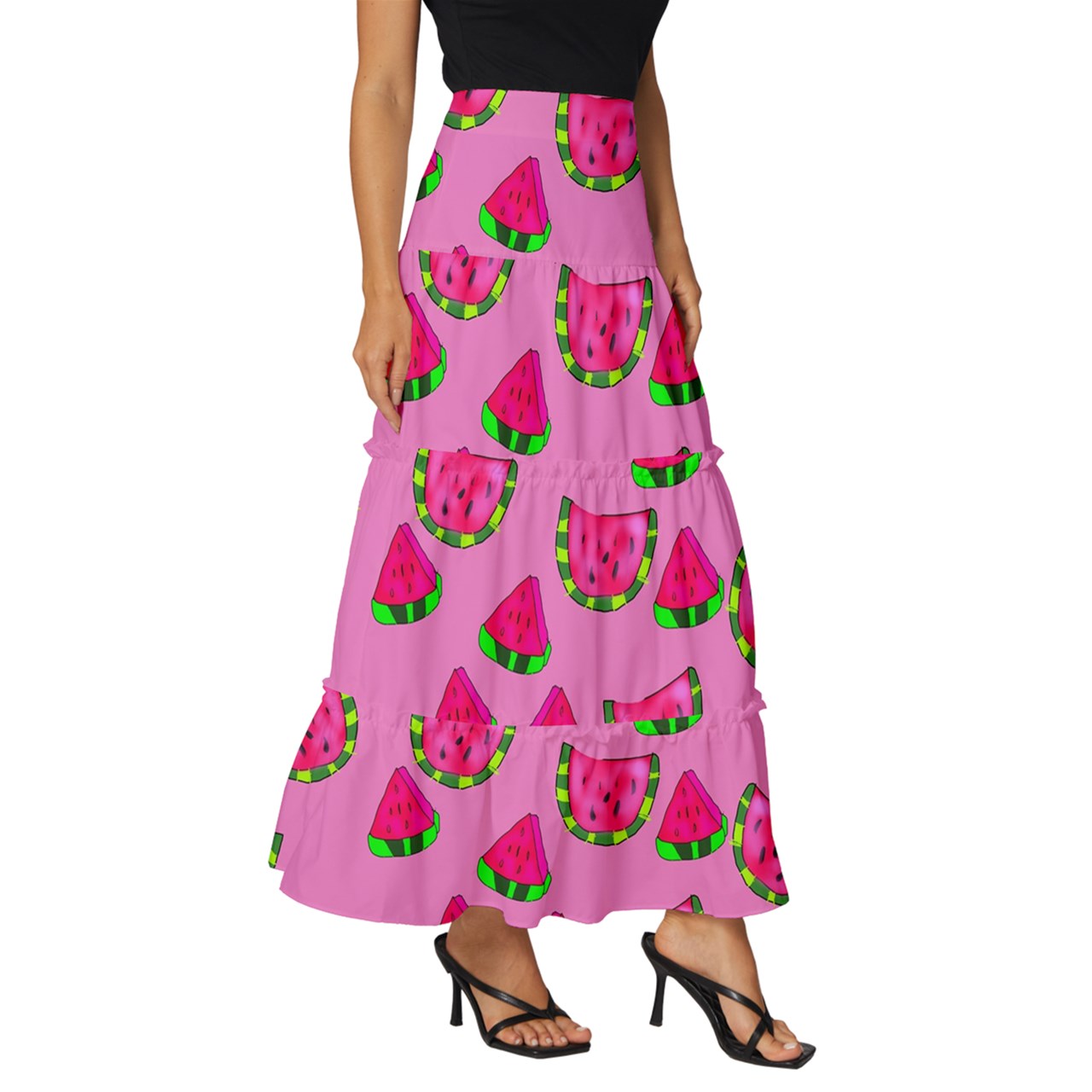 Watermelon Pattern Tiered Ruffle Maxi Skirt