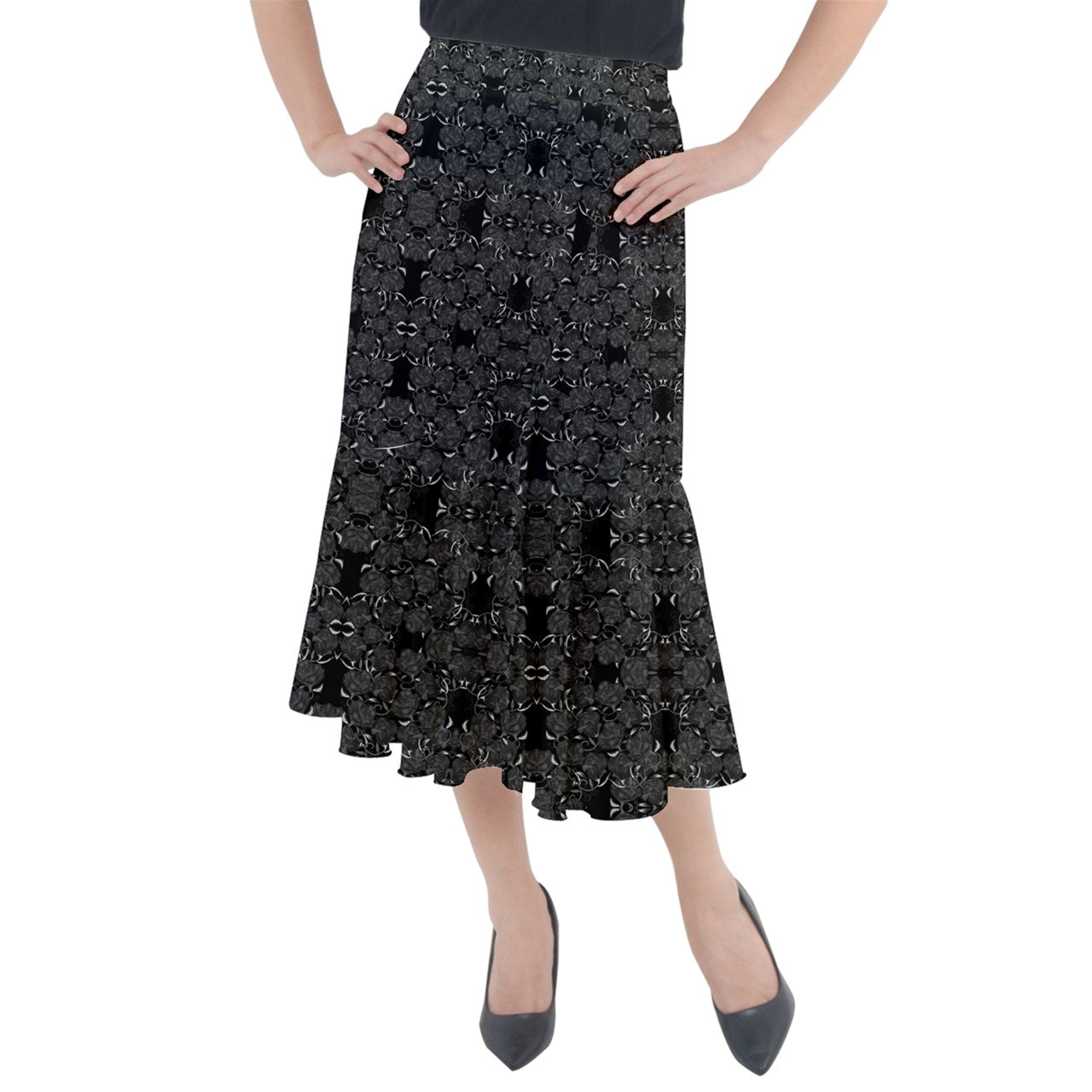 Gray Roses on Black Midi Mermaid Skirt