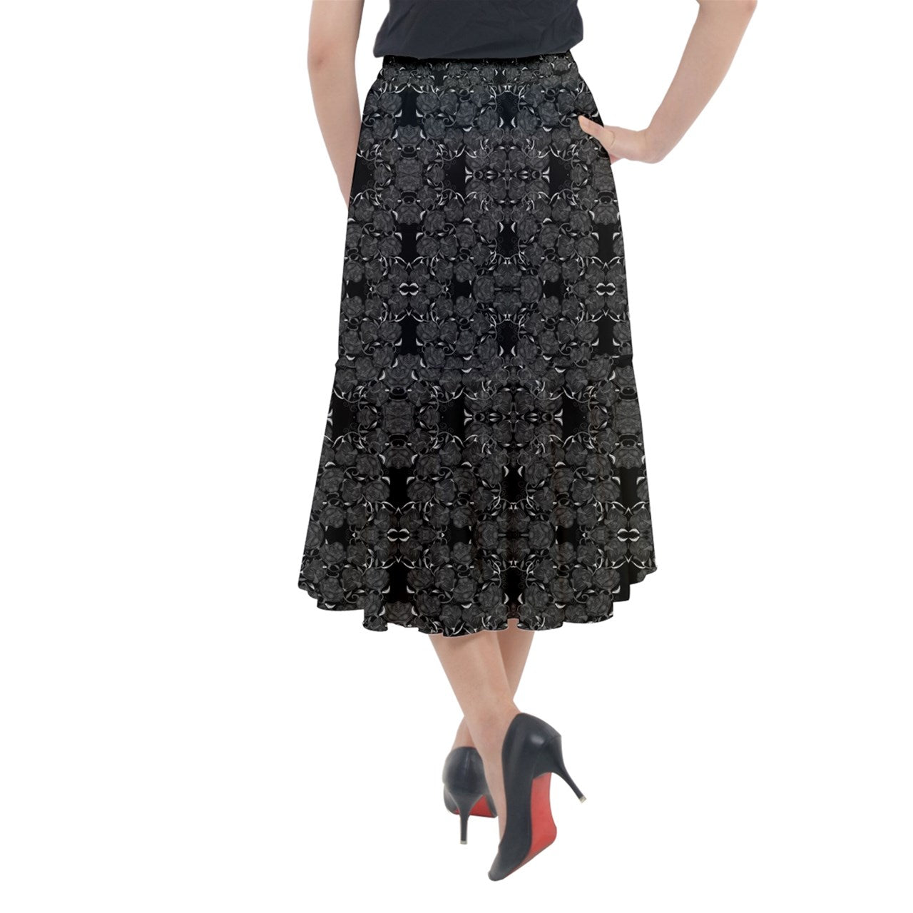 Gray Roses on Black Midi Mermaid Skirt