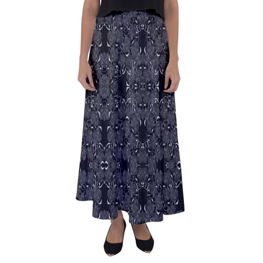 Gray Roses on Black Flared Maxi Skirt