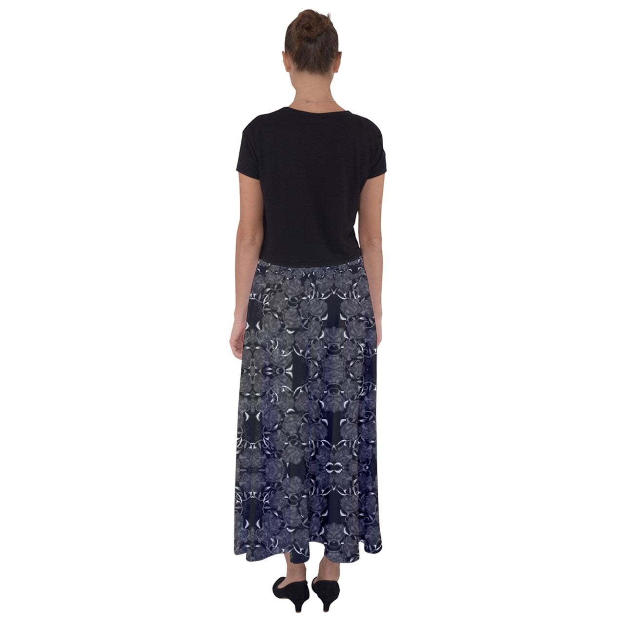 Gray Roses on Black Flared Maxi Skirt