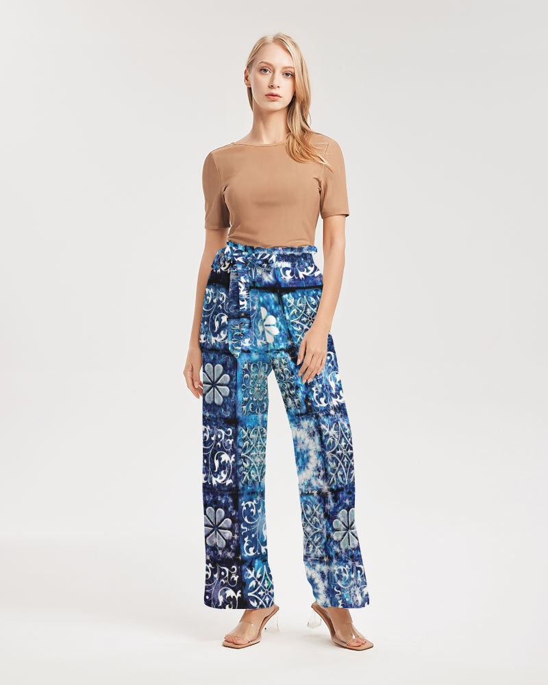 Blue Ice Crystals Motif Women's All-Over Print High-Rise Wide Leg Pants