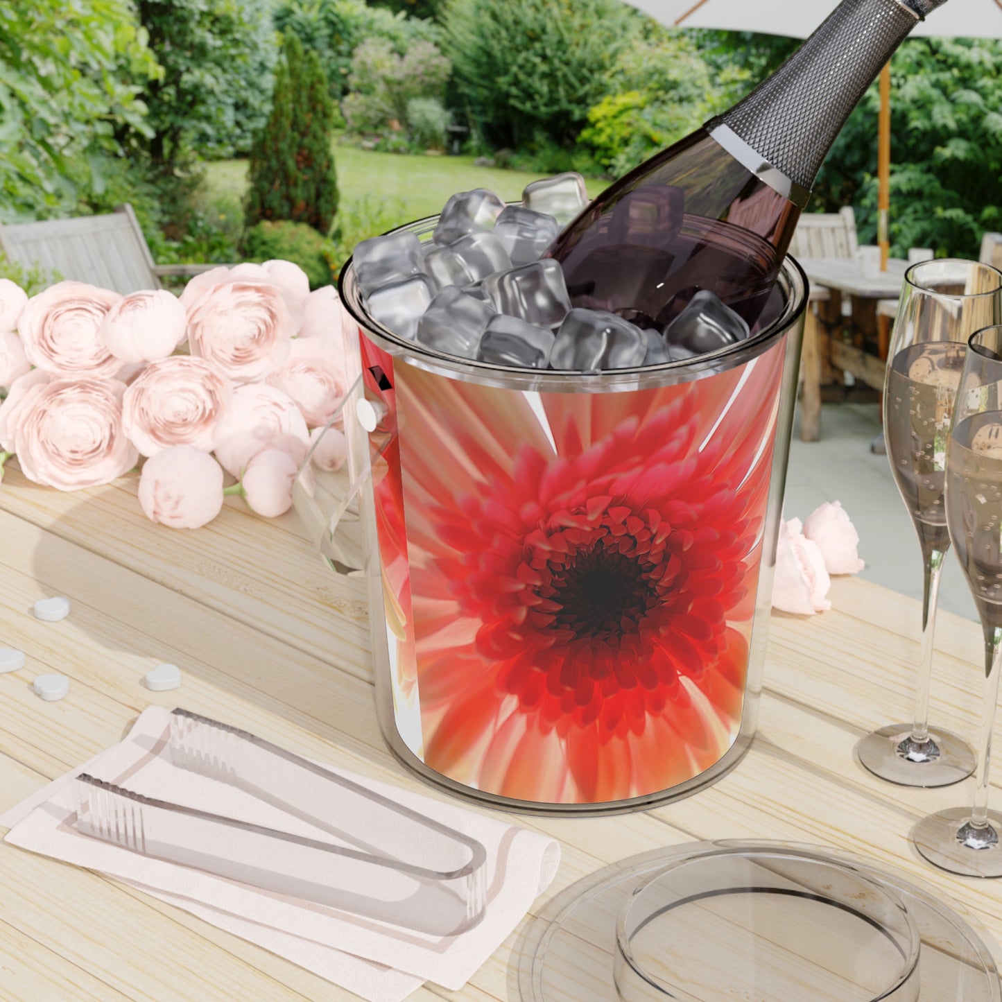 Ethereal Pink Daisy Ice Bucket with Tongs