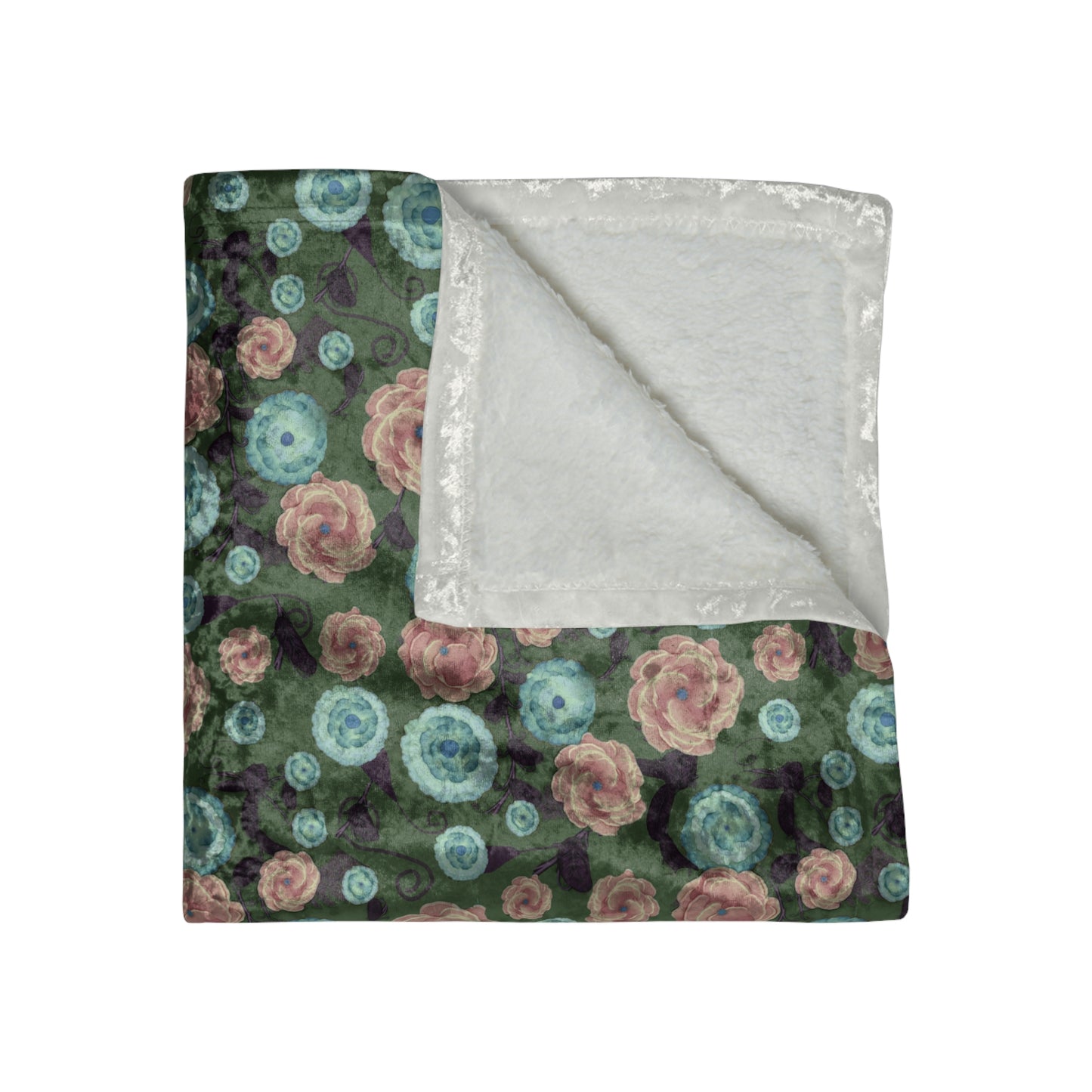 Earthy Peach and Turquoise Flower Pattern Crushed Velvet Blanket