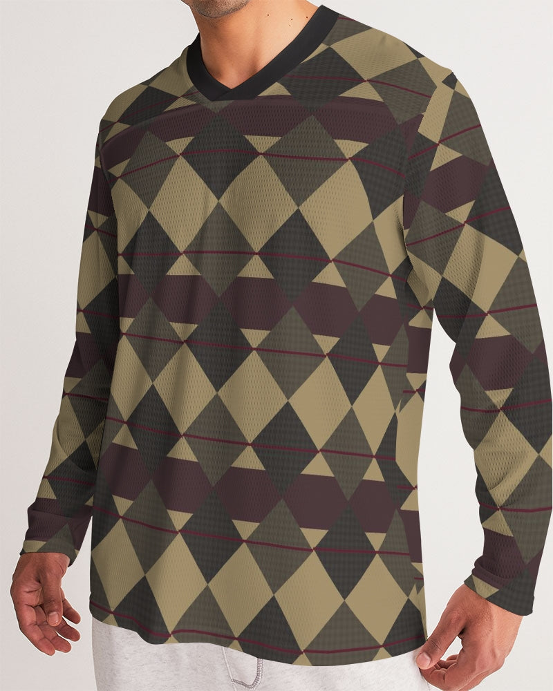 Checkered Brown Plaid Argyle Men's All-Over Print Long Sleeve Sports Jersey