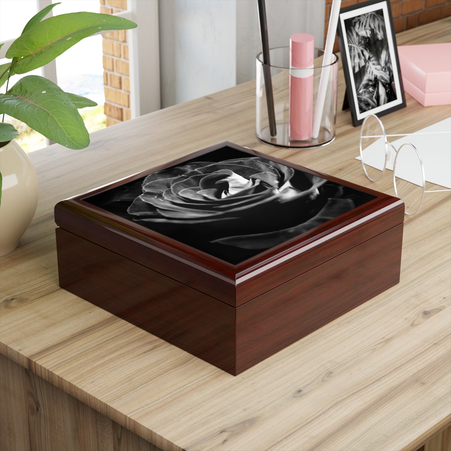 Dark Black and White Rose Jewelry Box