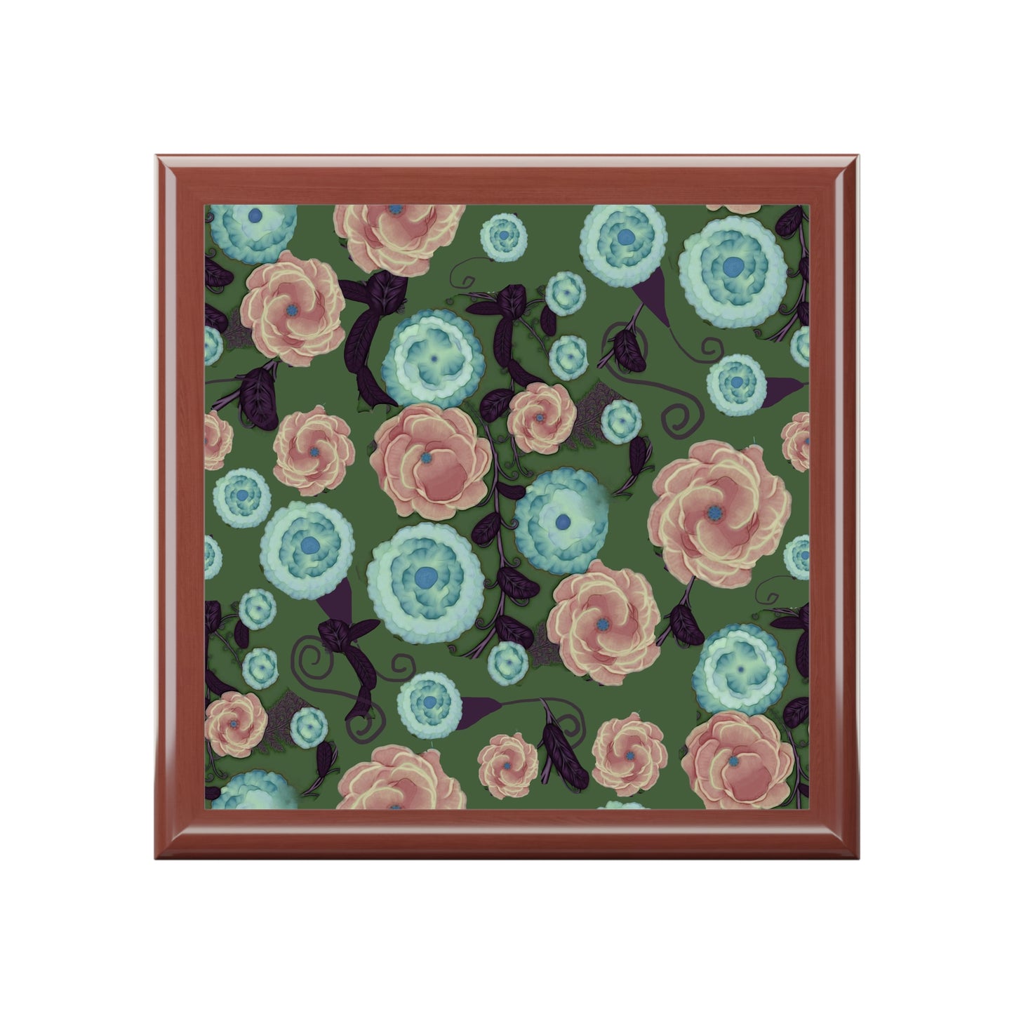 Earthy Peach and Turquoise Flower Pattern Jewelry Box