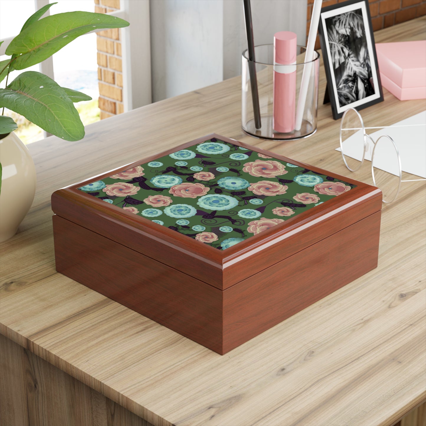 Earthy Peach and Turquoise Flower Pattern Jewelry Box