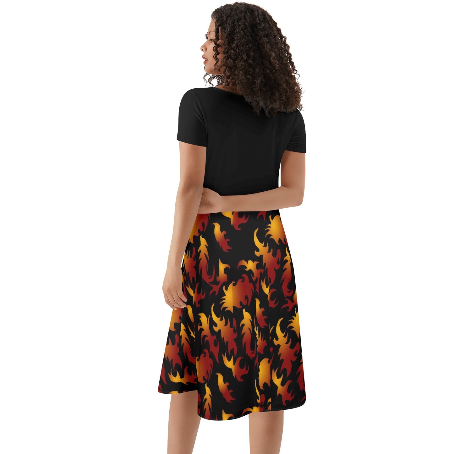 Abstract Flames Pattern Womens Black Ruffle Summer Dress