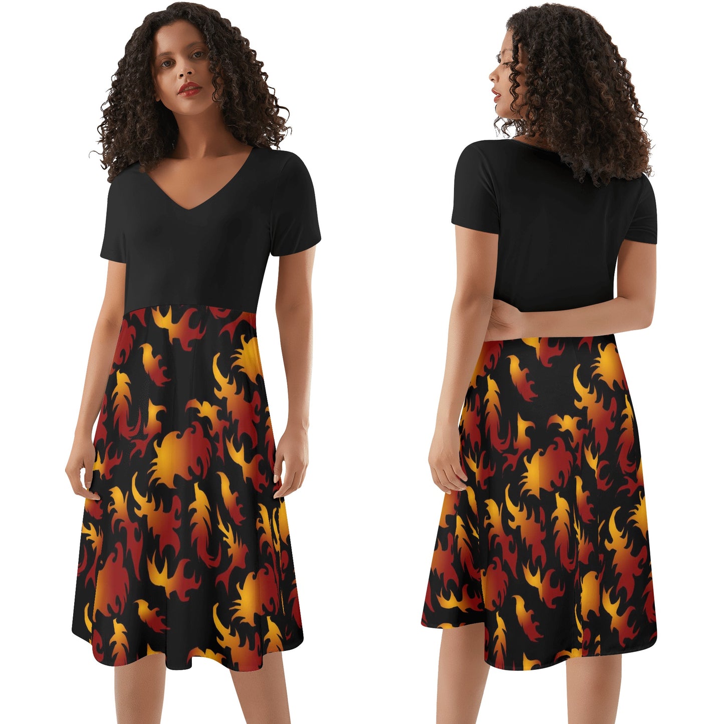 Abstract Flames Pattern Womens Black Ruffle Summer Dress