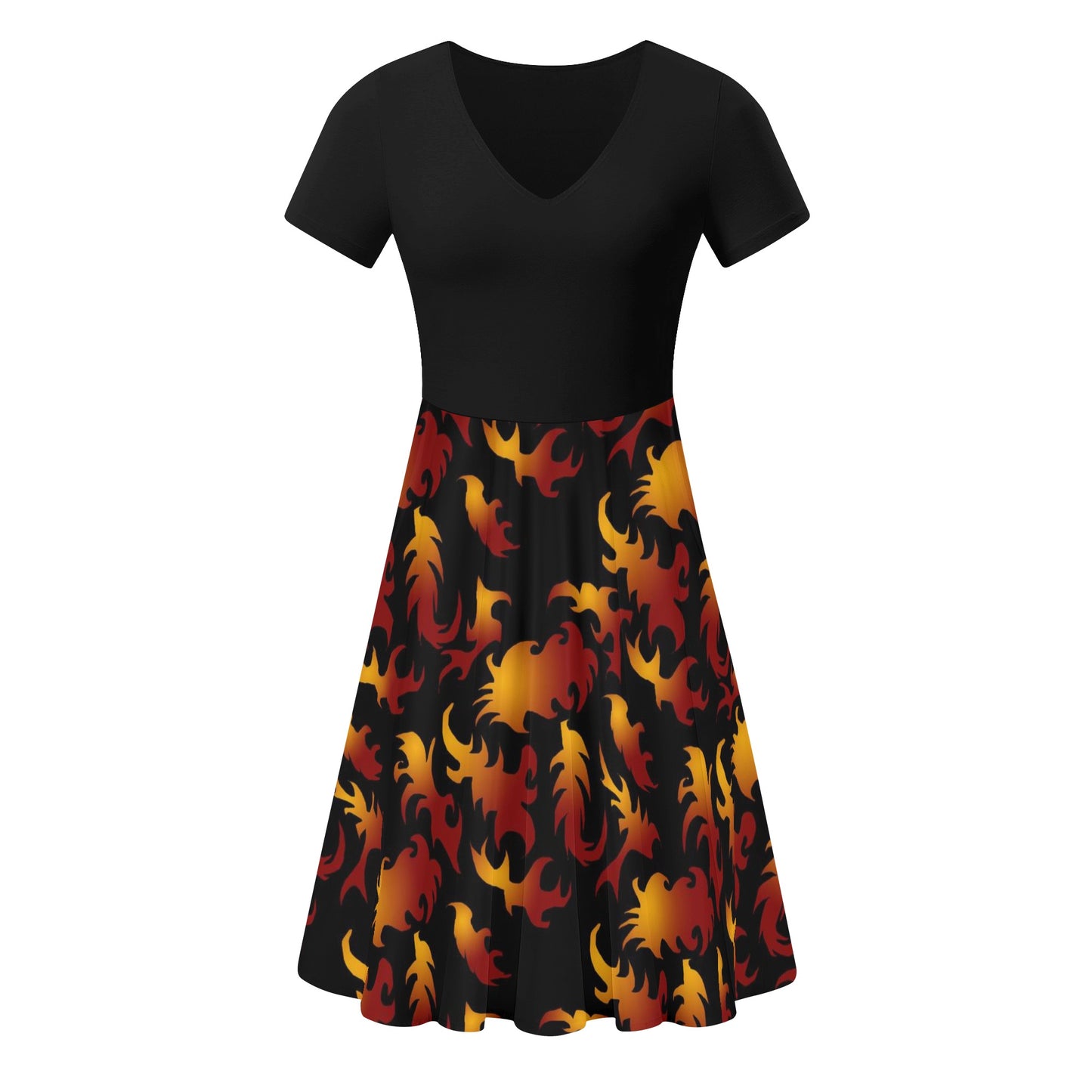 Abstract Flames Pattern Womens Black Ruffle Summer Dress