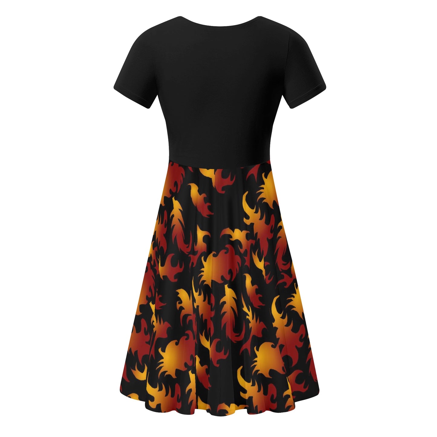 Abstract Flames Pattern Womens Black Ruffle Summer Dress