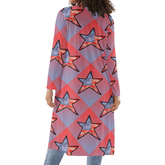 American Flag Star Pattern Womens Long Sleeve Jacket Cardigan