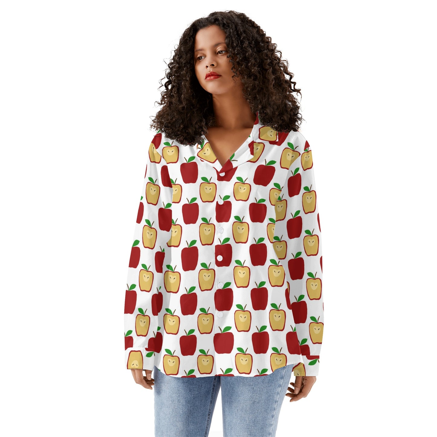 Apple Polkadots Womens Long Sleeve Button Down Shirt