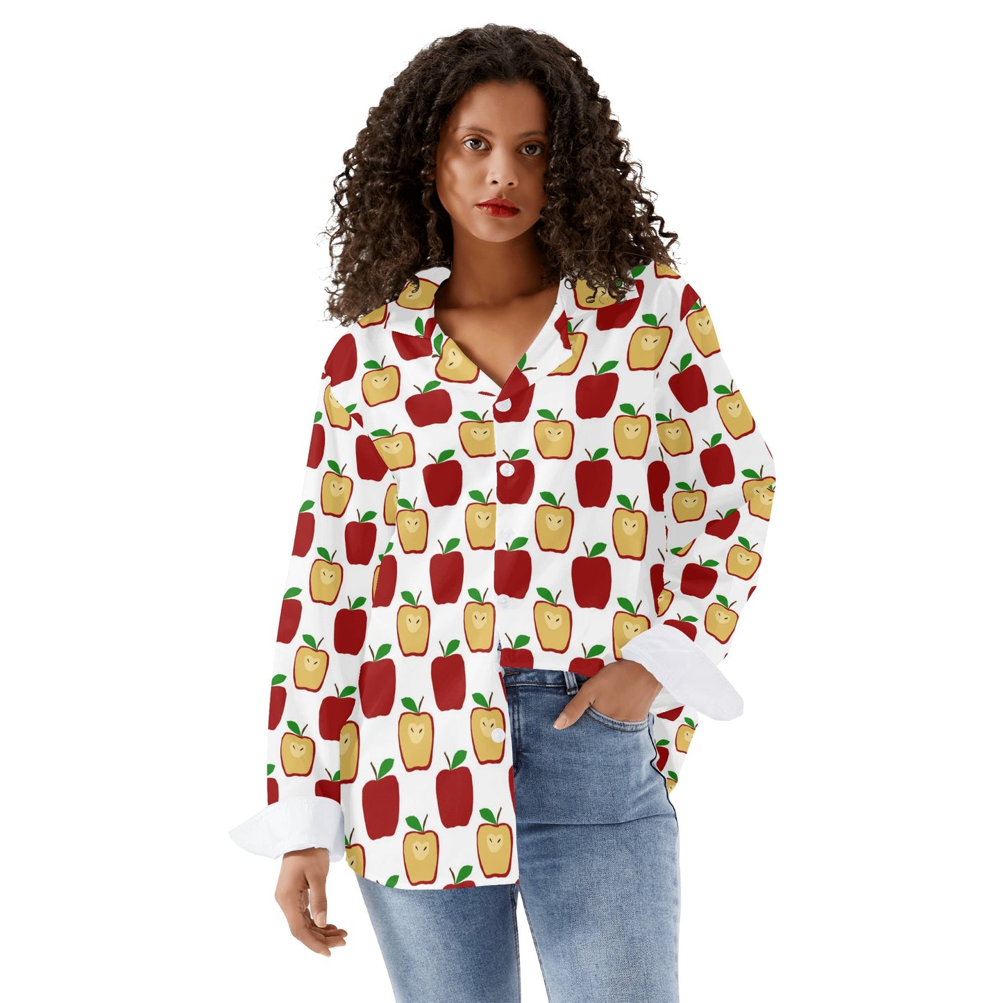 Apple Polkadots Womens Long Sleeve Button Down Shirt