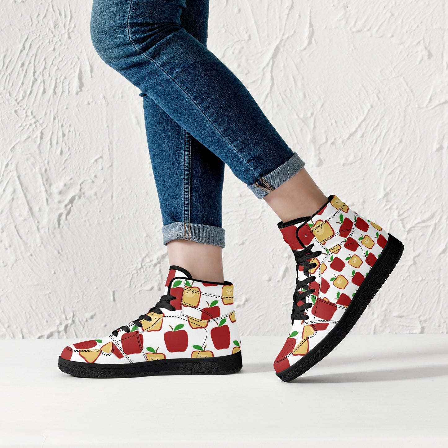 Apple Polkadots Womens Black High Top Leather Sneakers