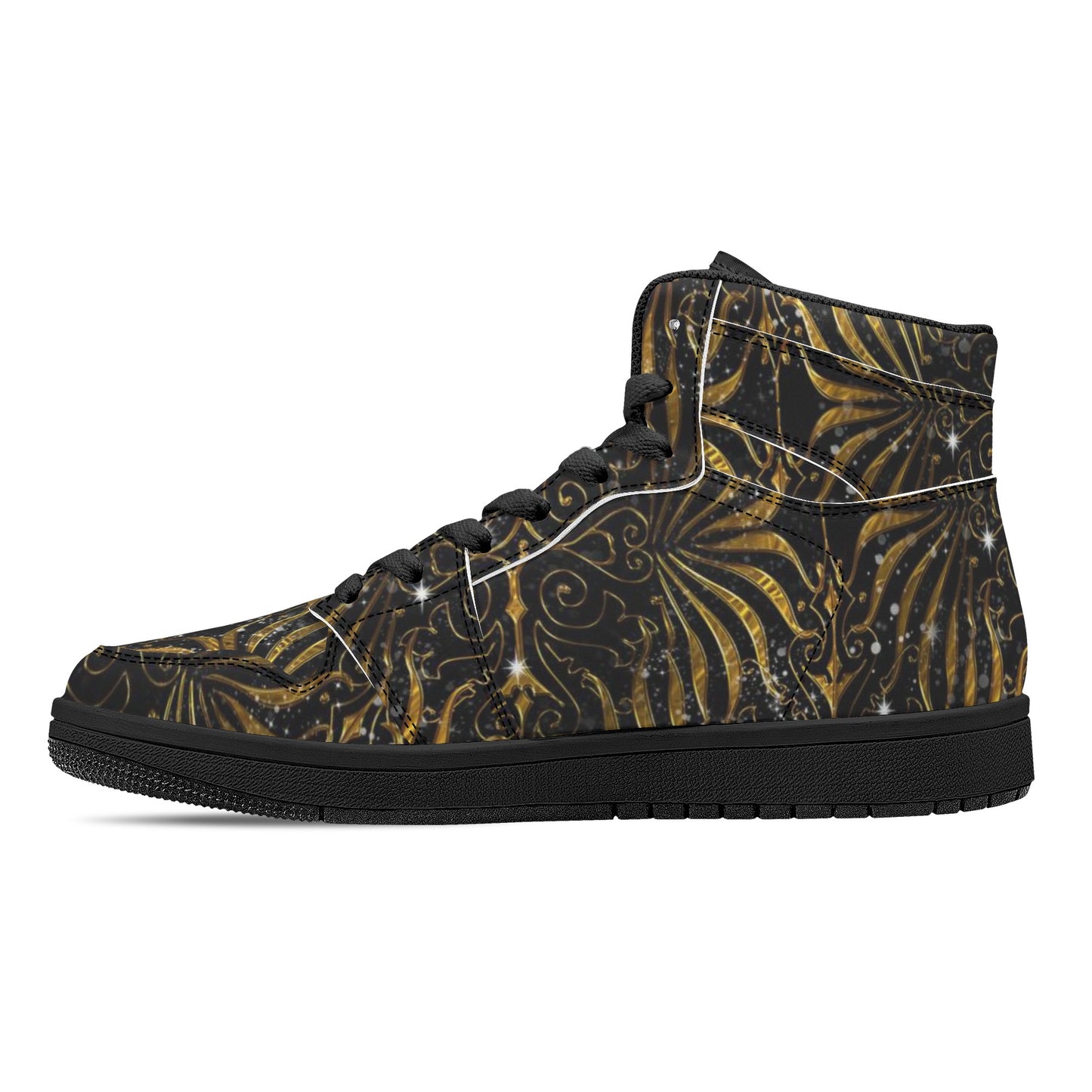 Black and Gold Victorian Sparkle Womens Black High Top Leather Sneakers