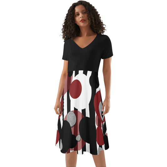 Black and White Stripes Red Dots Womens Black Ruffle Summer Dress