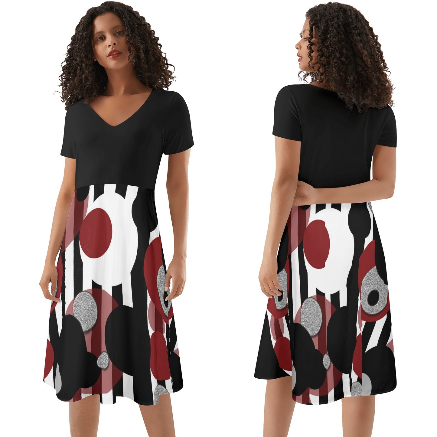 Black and White Stripes Red Dots Womens Black Ruffle Summer Dress