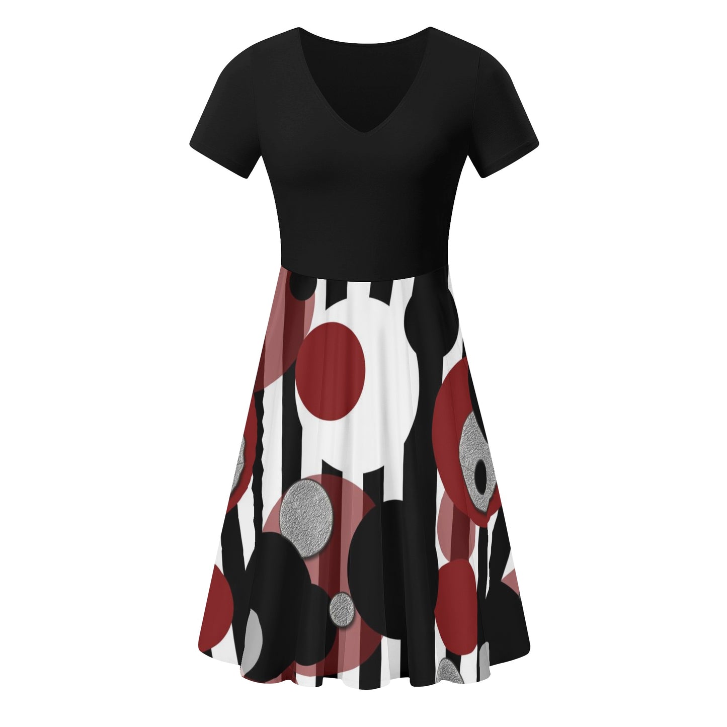 Black and White Stripes Red Dots Womens Black Ruffle Summer Dress