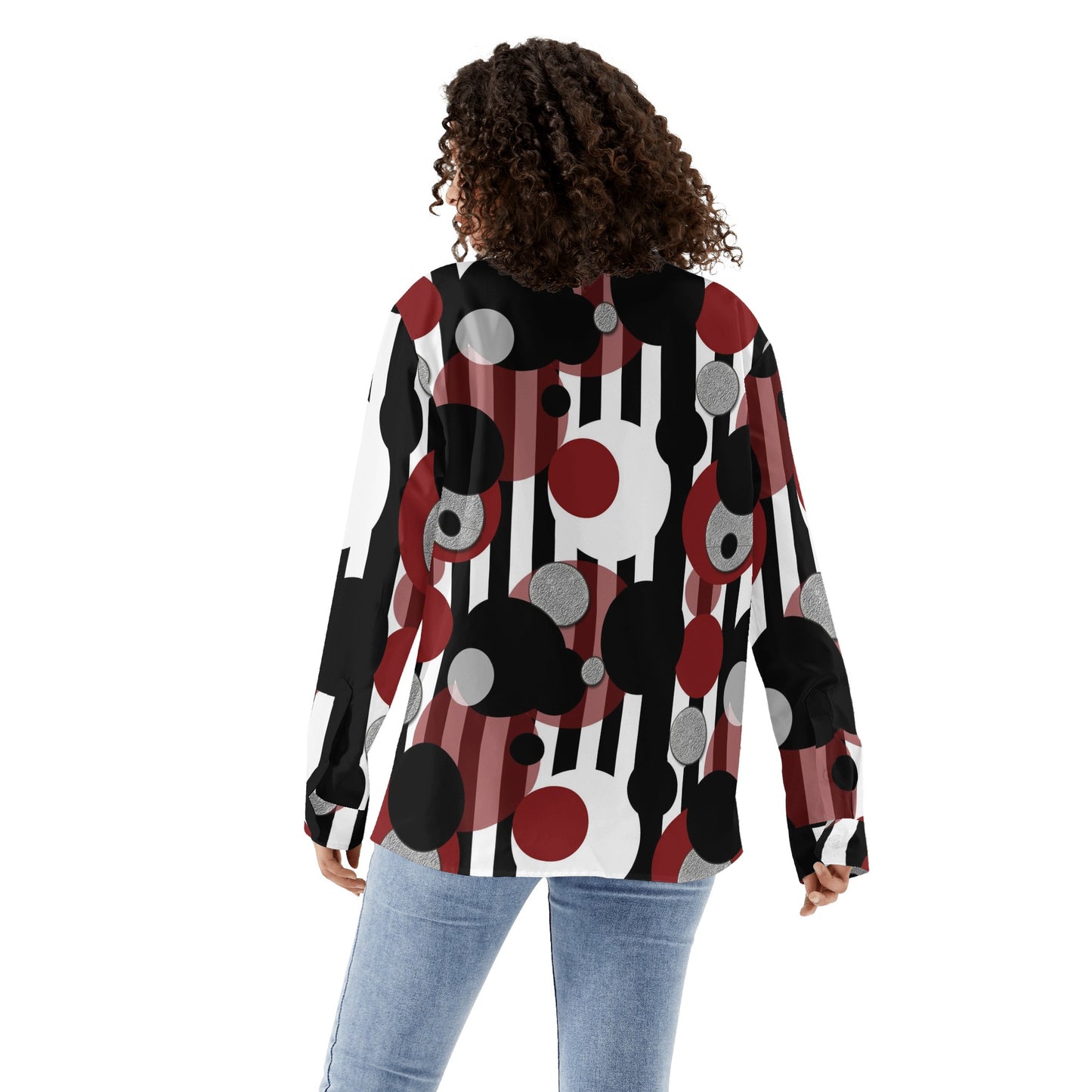 Black and White Stripes Red Dots Womens Long Sleeve Button Down Shirt