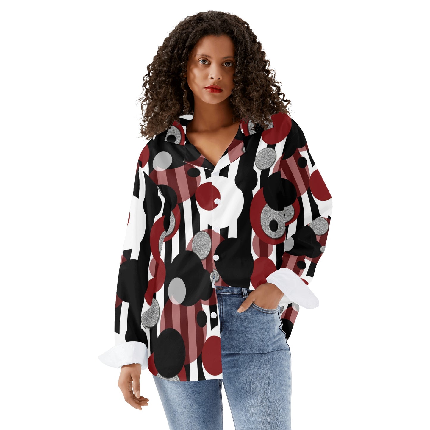 Black and White Stripes Red Dots Womens Long Sleeve Button Down Shirt