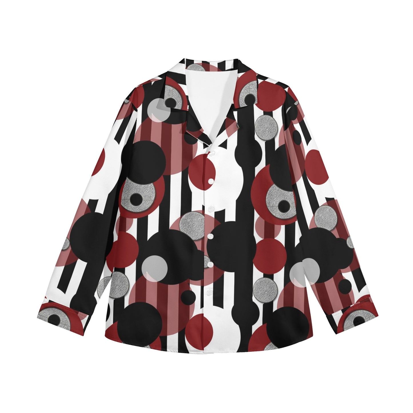 Black and White Stripes Red Dots Womens Long Sleeve Button Down Shirt