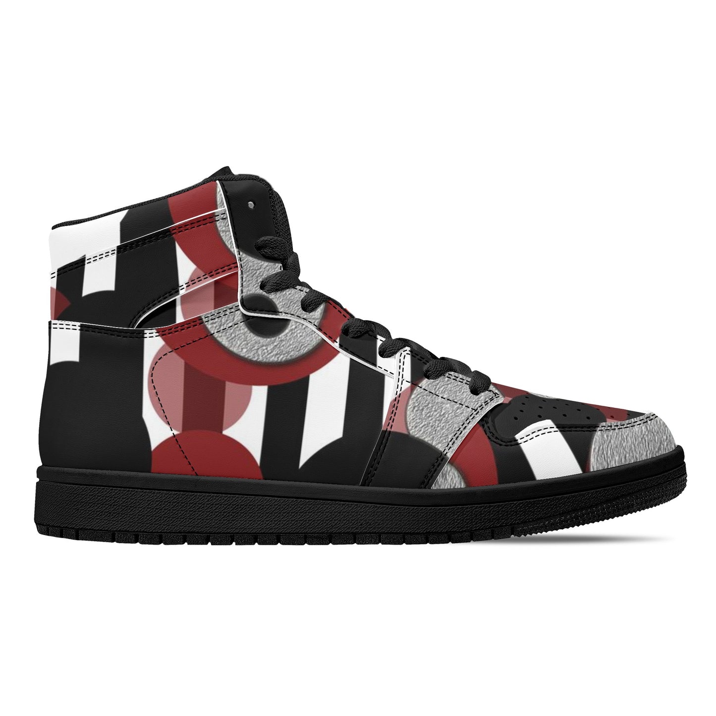 Black and White Stripes Red Dots Womens Black High Top Leather Sneakers