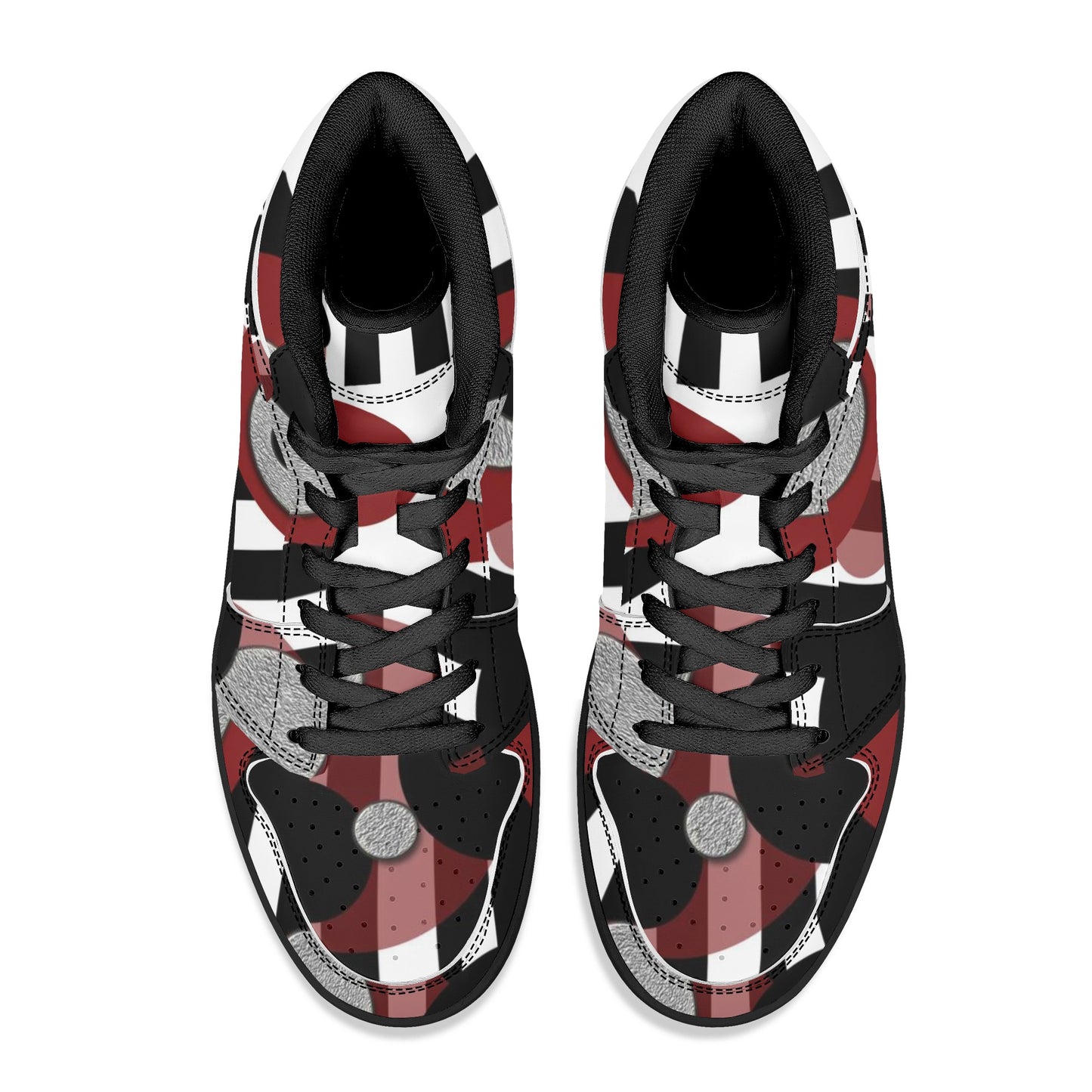 Black and White Stripes Red Dots Womens Black High Top Leather Sneakers