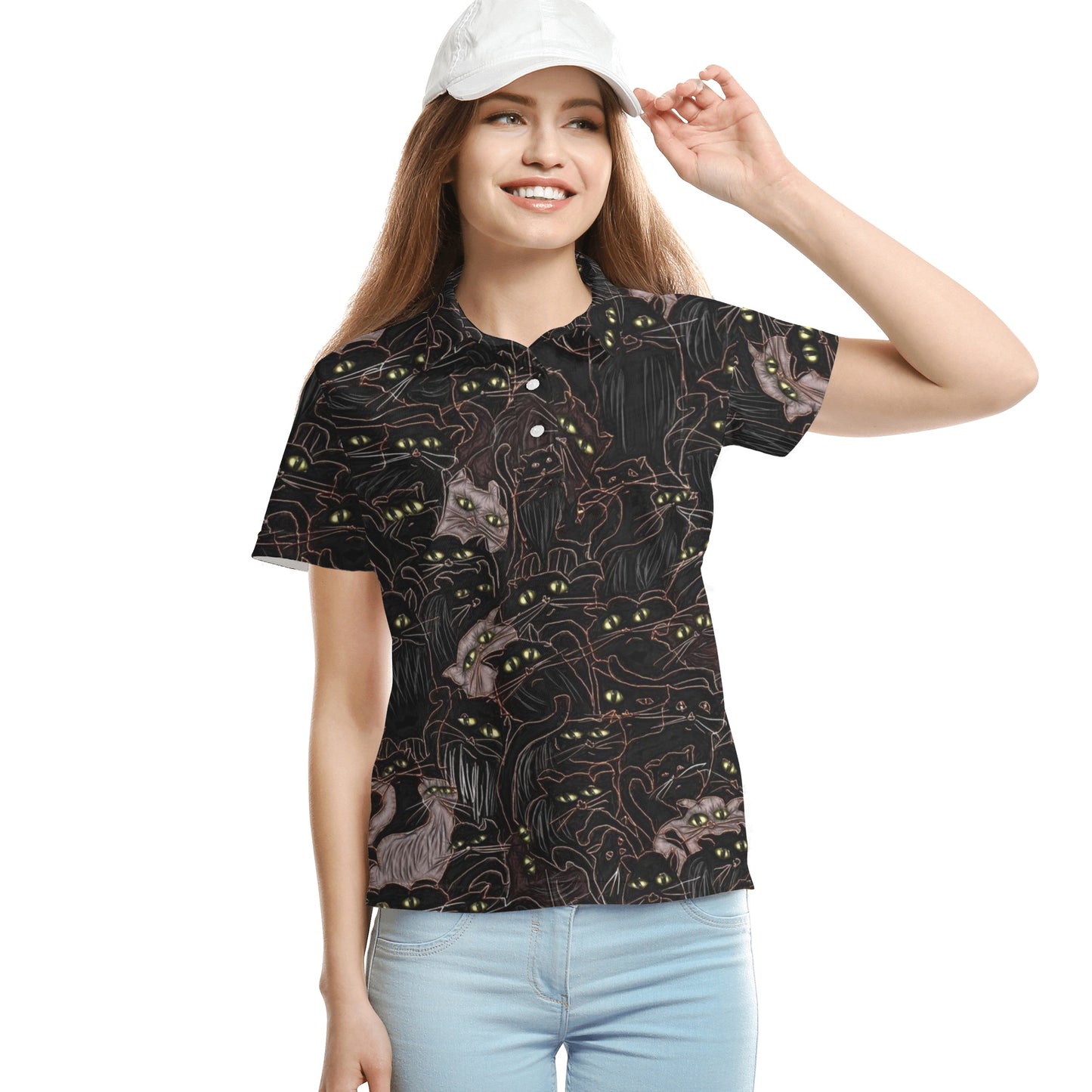 Black Cats Yellow Eyes Womens All Over Print Polo Shirt