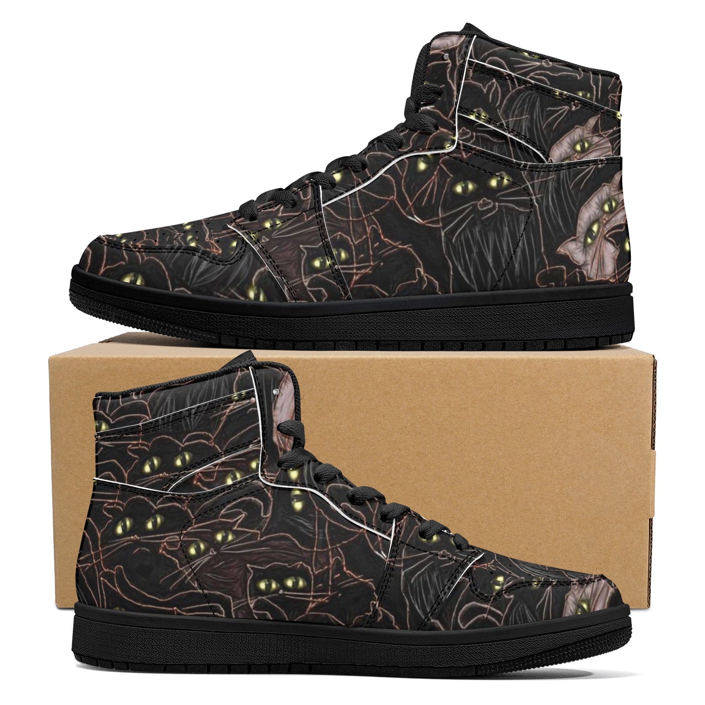 Black Cats Yellow Eyes Womens Black High Top Leather Sneakers