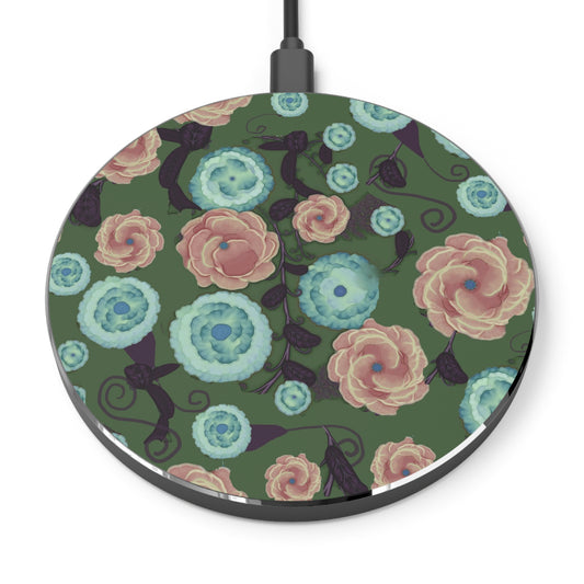 Earthy Peach and Turquoise Flower Pattern Wireless Charger