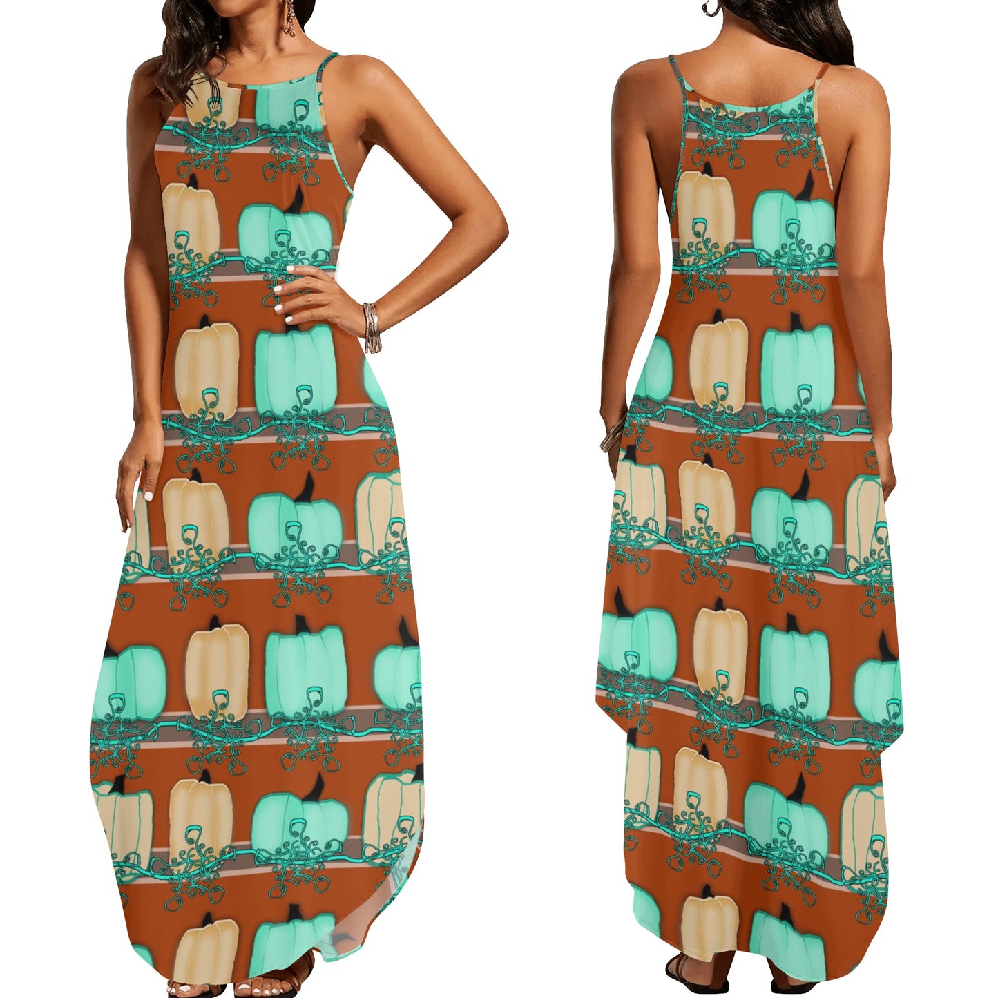 Blue Green Pumpkins Womens Elegant Sleeveless Party Dress