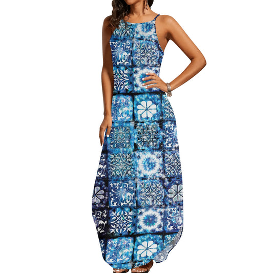 Blue Crystal Motif Womens Elegant Sleeveless Party Dress