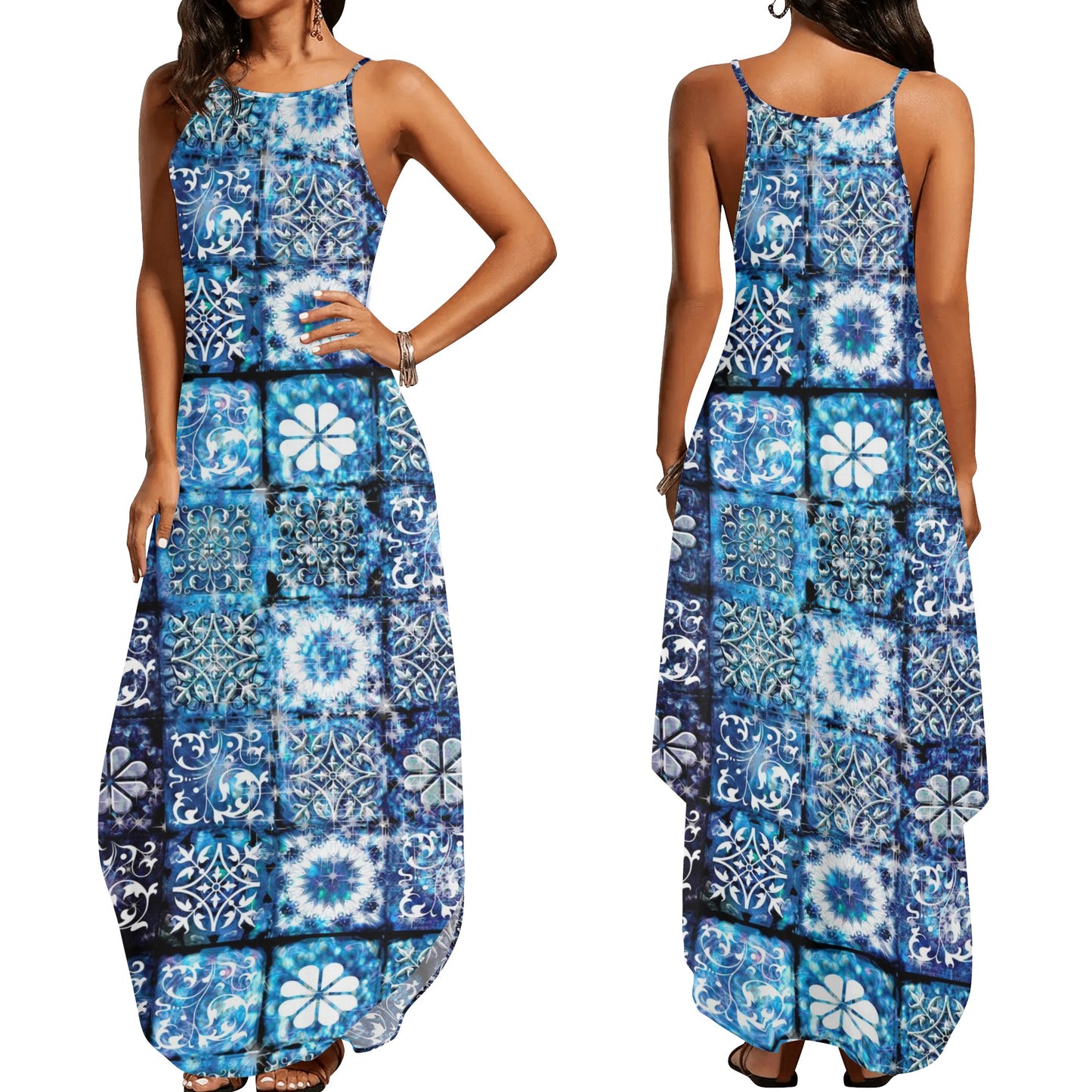 Blue Crystal Motif Womens Elegant Sleeveless Party Dress