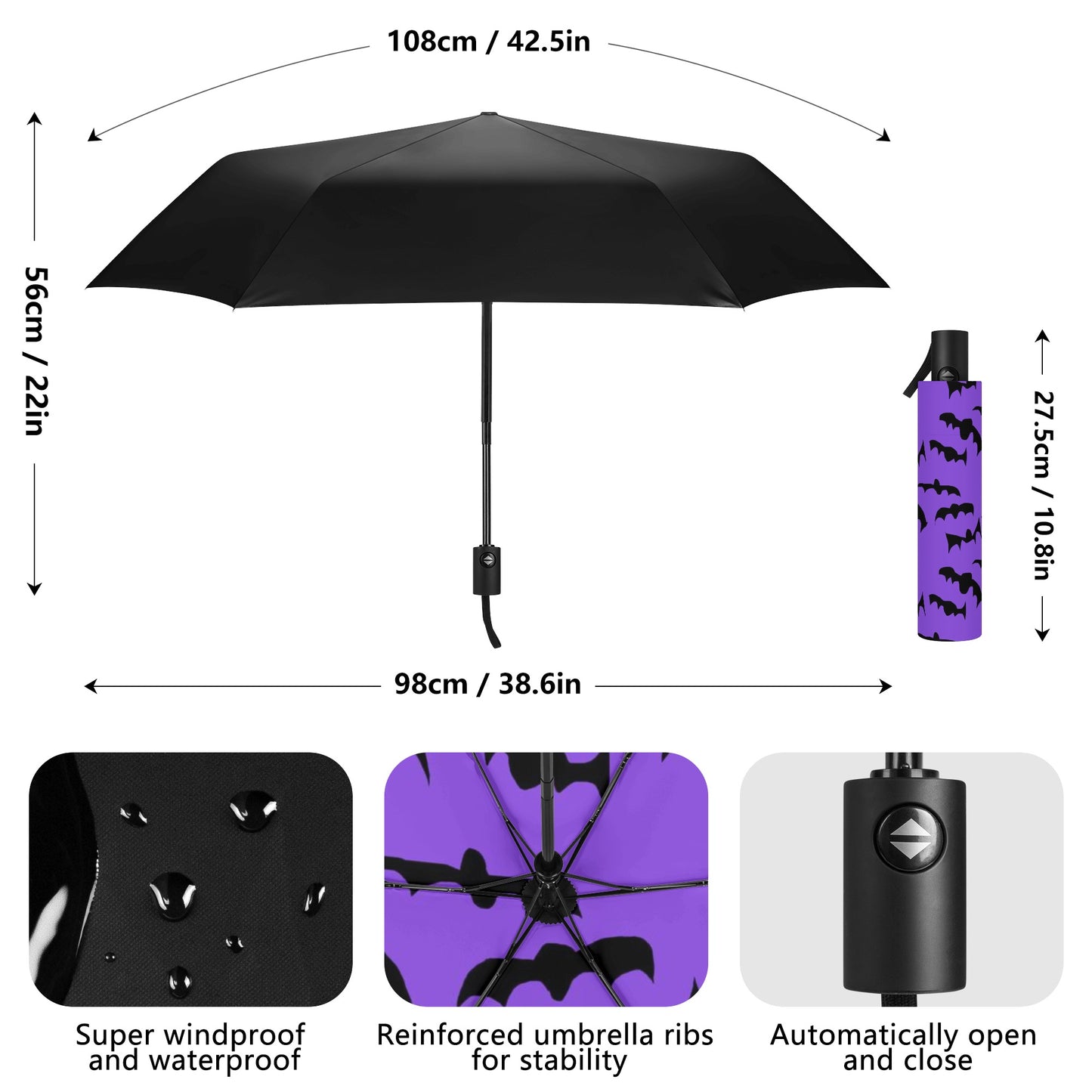 Bats Pattern Fully Auto Open & Close Umbrella Printing Inside