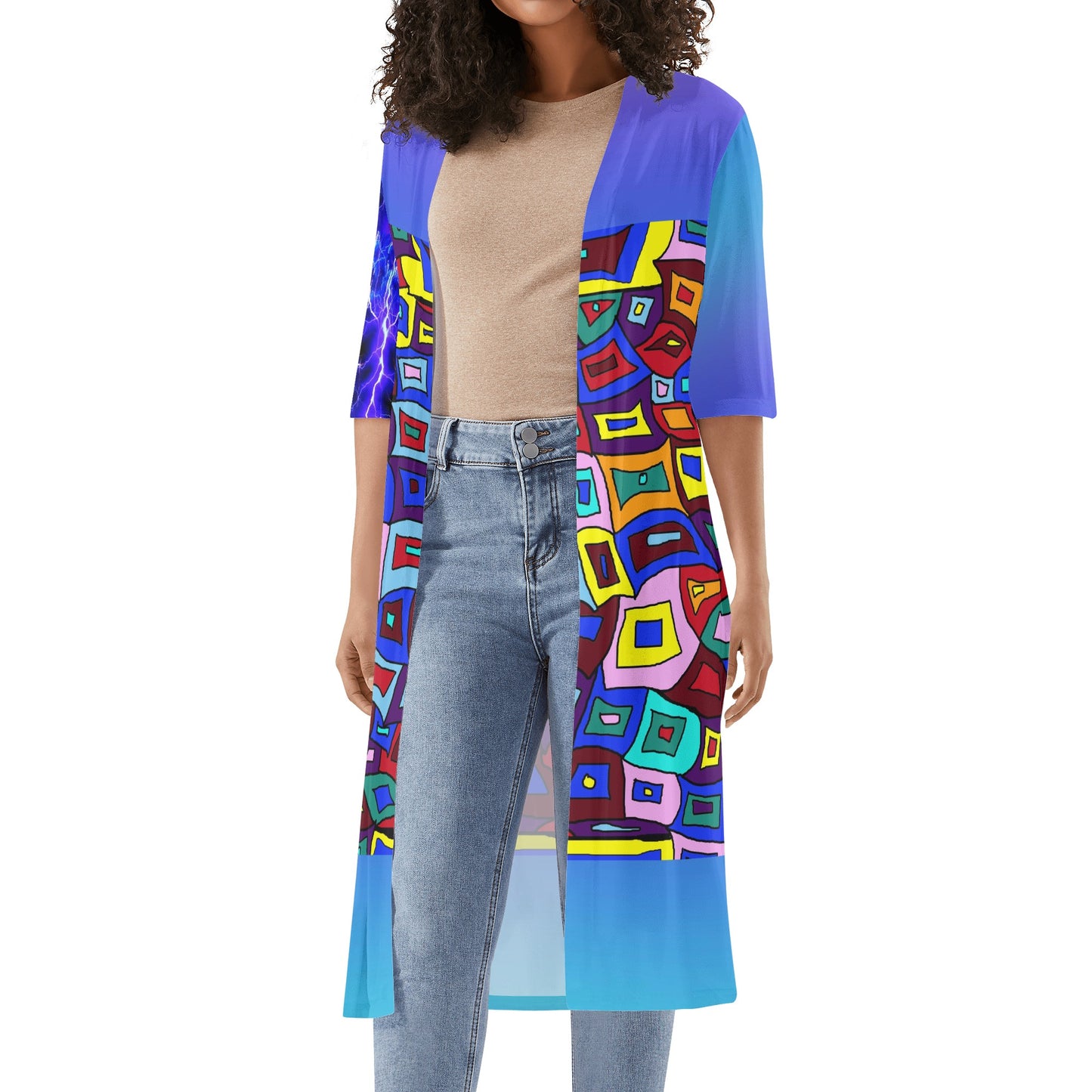 Create Your Own Blue Gradient Womens Half Sleeve Kimono Cardigan