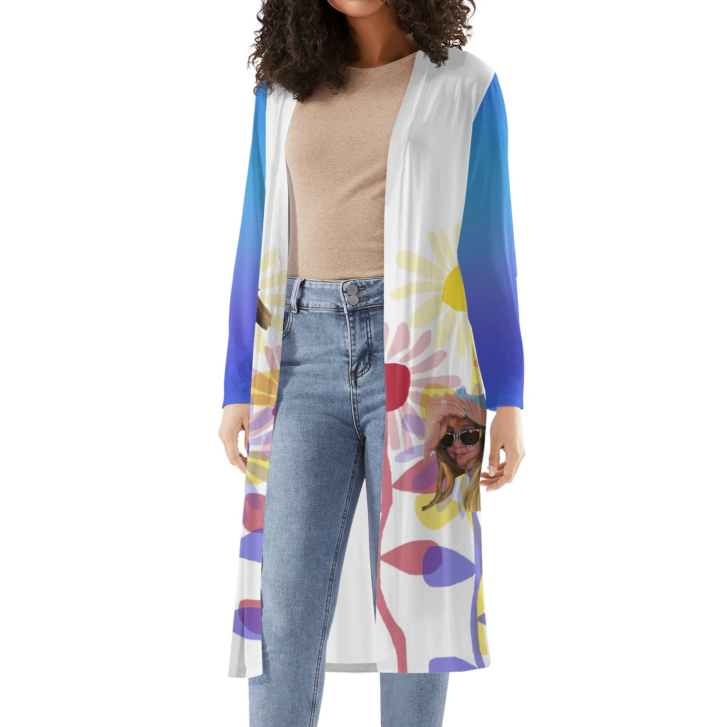 Create a Crop Face Colorful Sunflower Womens Long Sleeve Jacket Cardigan