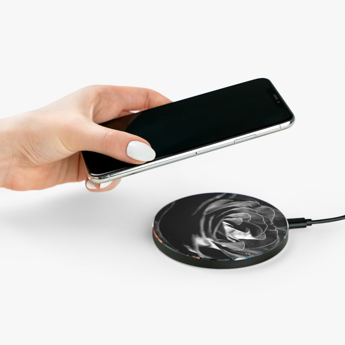 Dark Black and White Rose Wireless Charger