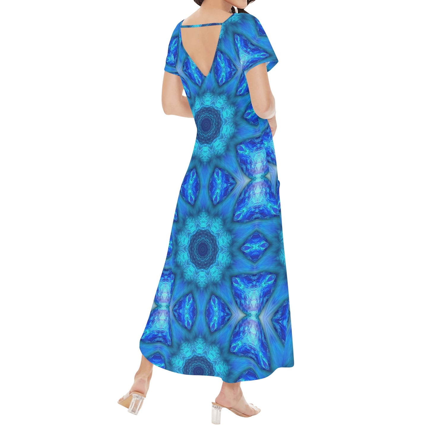 Blue Ocean Kaleidoscope Womens Short Sleeve Long Draped Dress