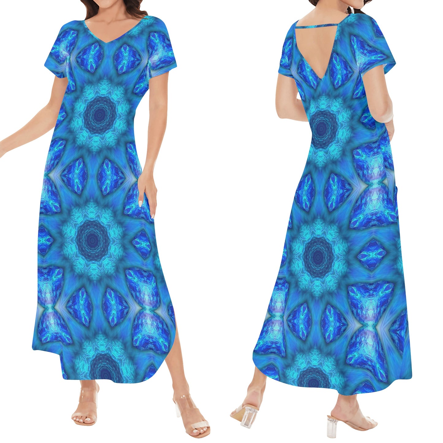 Blue Ocean Kaleidoscope Womens Short Sleeve Long Draped Dress