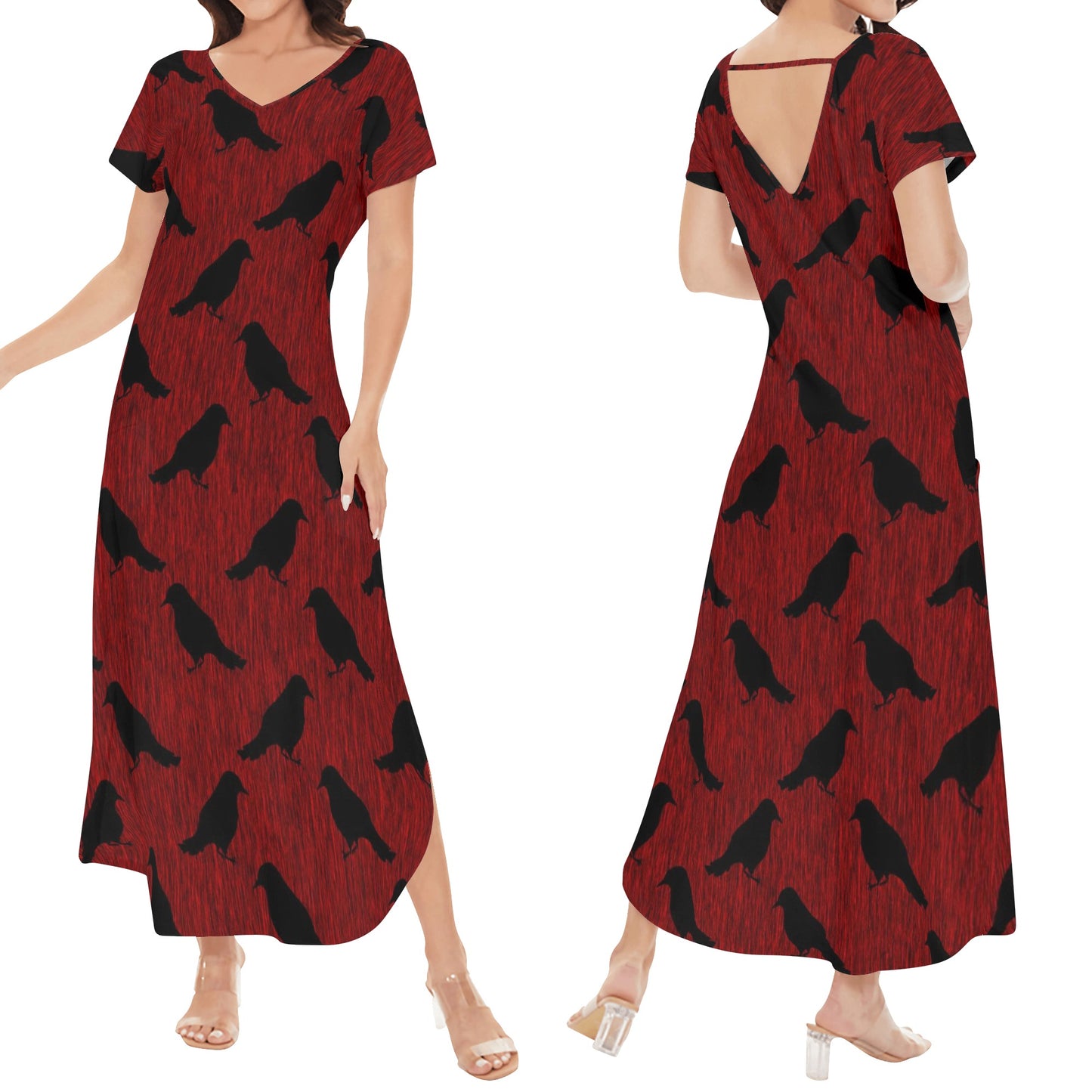 Ravens Pattern Womens Short Sleeve Long Draped Dress
