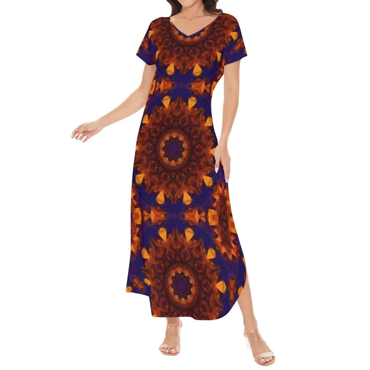 Blue Orange Kaleidoscope Womens Short Sleeve Long Draped Dress