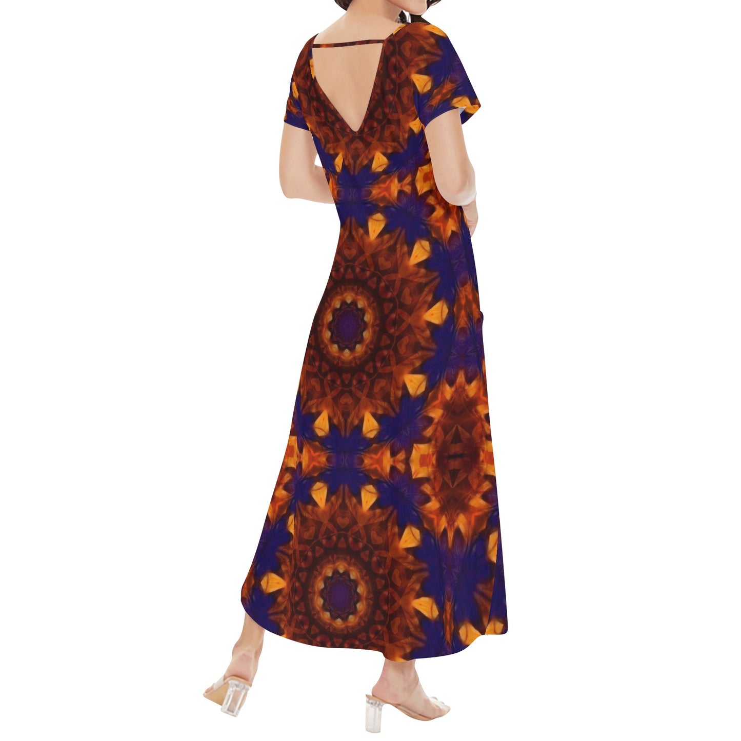 Blue Orange Kaleidoscope Womens Short Sleeve Long Draped Dress