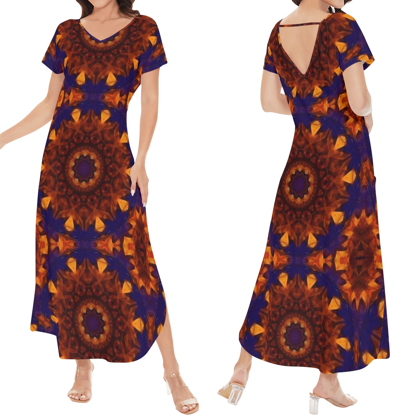 Blue Orange Kaleidoscope Womens Short Sleeve Long Draped Dress