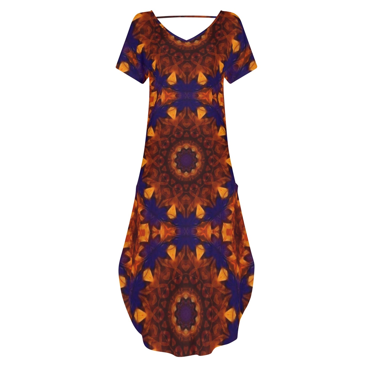 Blue Orange Kaleidoscope Womens Short Sleeve Long Draped Dress