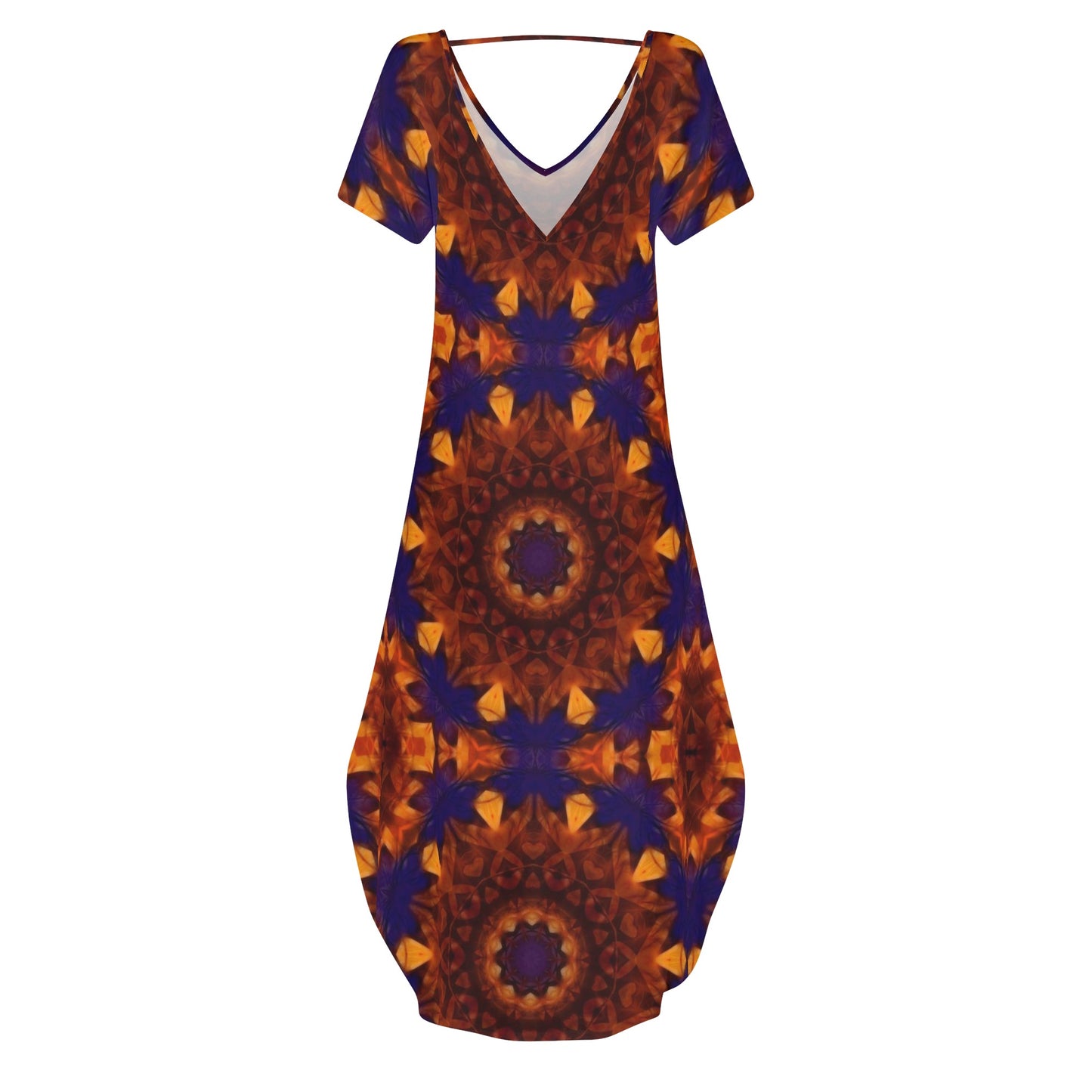 Blue Orange Kaleidoscope Womens Short Sleeve Long Draped Dress