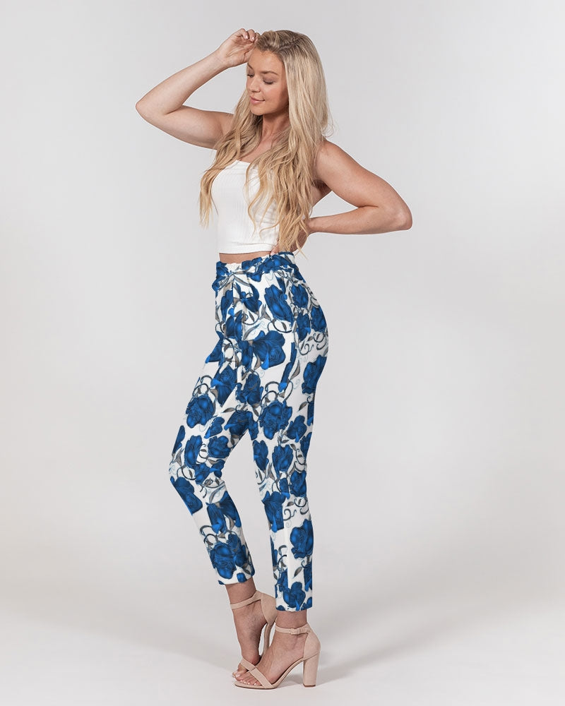 Blue Roses Women's All-Over Print Belted Tapered Pants